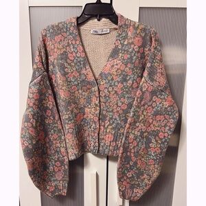 NWOT Zara Floral Wool Blend Knit Oversized Boxy Crop Cardigan Size M